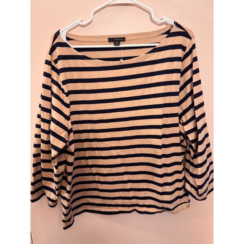J.Crew Womens 2X Striped Boatneck Long Sleeve Top Tan Navy Blue Knit Shirt